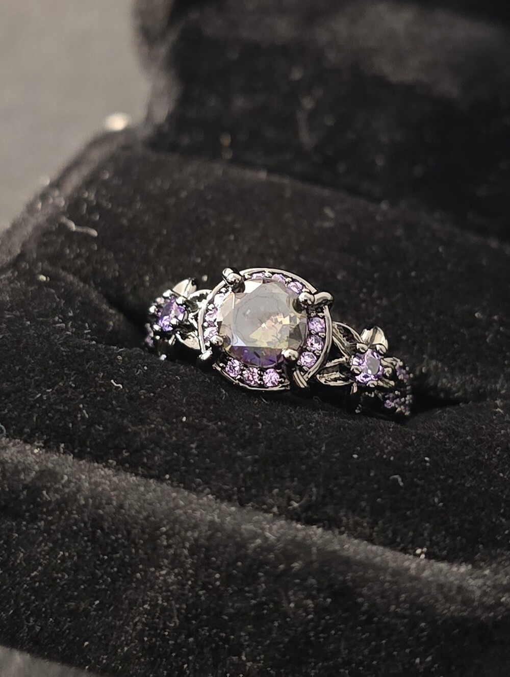 Vintage Black Leaf Amethyst Engagement Ring Punk Gothic Floral Purple Band Sz 7